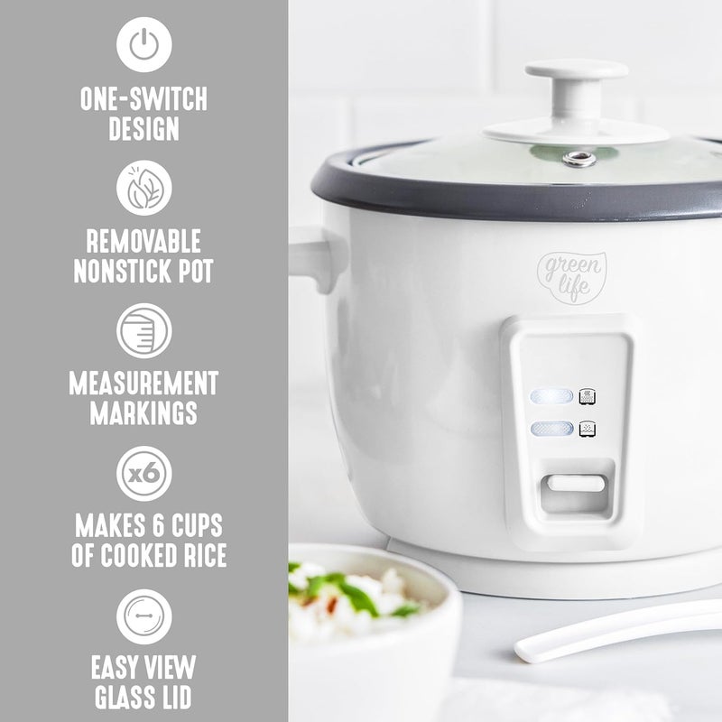 GreenLife Rice Cooker with Removable PFAS-Free Nonstick Pot, 3-Cups Uncooked/6-Cups Cooked, One-Switch Design, Auto Keep Warm Function, Soup, Grains, Oatmeal, Wood Handle, White - Image 4